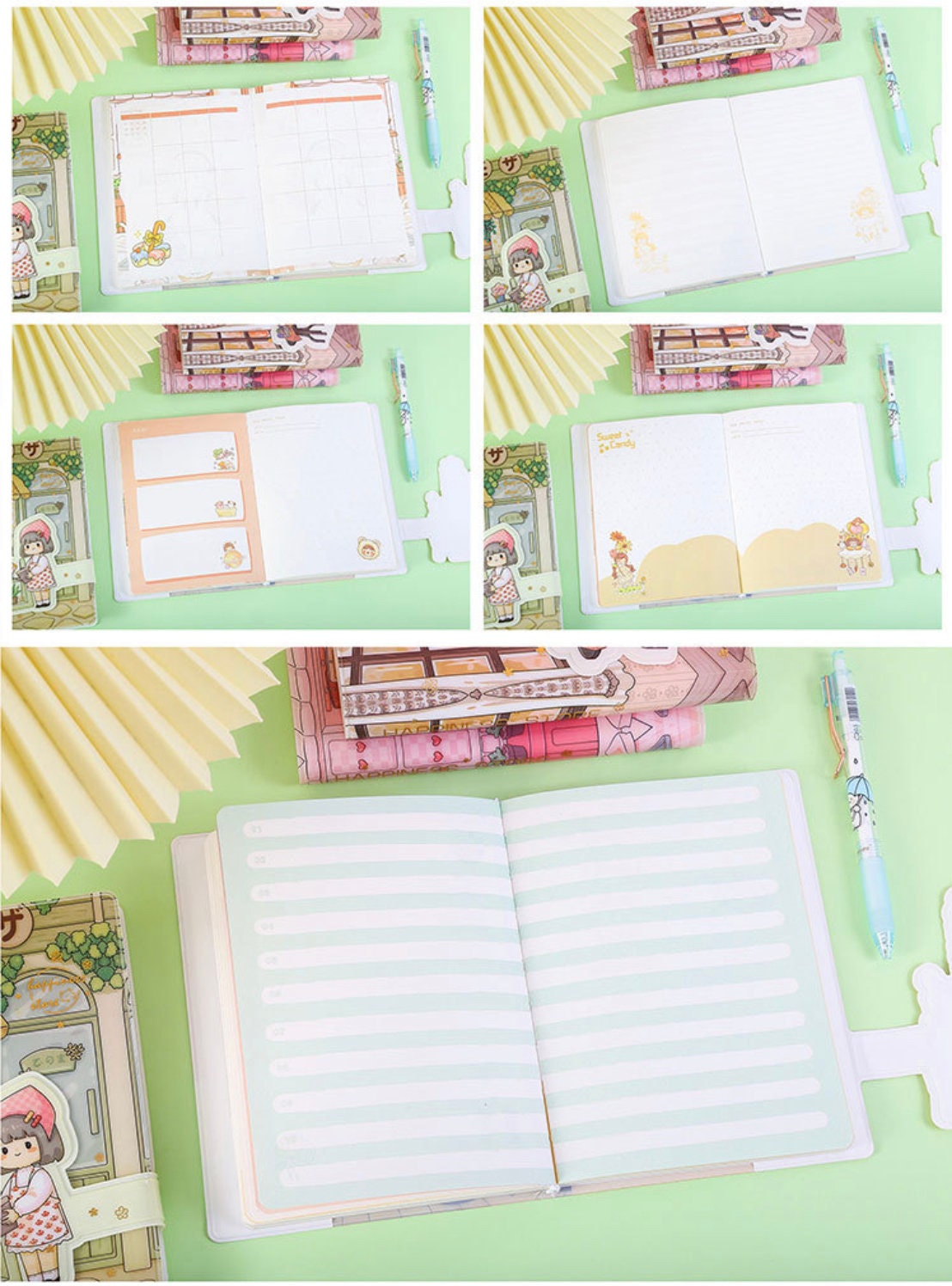 Pink Magnetic Buckle Happiness Planner - A5 PVC Cover, showcasing various cute and colorful interior pages with adorable illustrations and lined sections for writing, surrounded by kawaii stationery items.