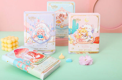 Pink Lolita Leather Journal with Magnetic Buckle featuring cute anime illustrations, kawaii stationery, pastel-colored diary, and decorative cover designs.