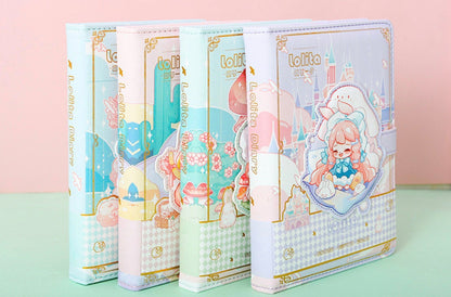 Pink Lolita Leather Journal with Magnetic Buckle in kawaii style featuring pastel colors, cute illustrations of a girl, bunnies, and mushrooms, perfect for stationery lovers and diary writing.