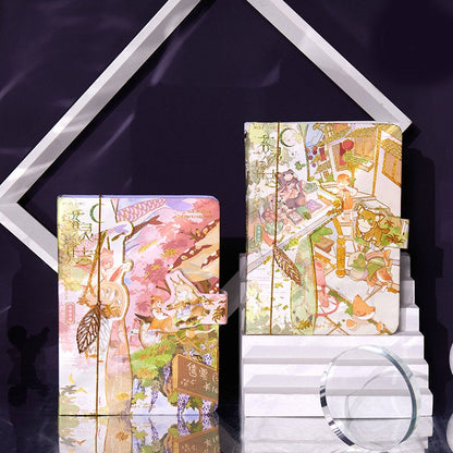 Anime Hard Cover Journal with Metal Bookmark featuring Kawaii Illustrations on Display