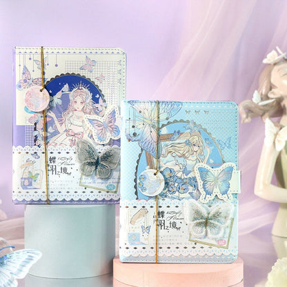 Butterfly Fairyland Leather Journal with Bookmark, featuring a blue and purple fairy design, butterfly accents, and intricate illustrations, perfect for kawaii stationery enthusiasts.