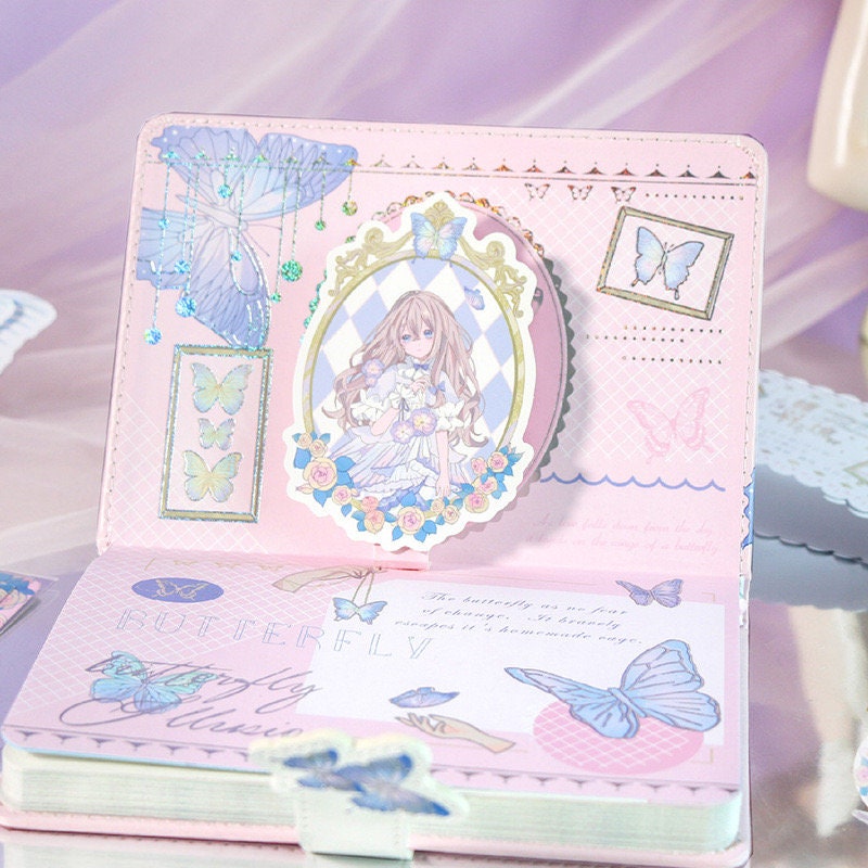 Butterfly Fairyland Leather Journal with Bookmark featuring pastel pink pages, whimsical butterfly illustrations, and enchanting fairy artwork.