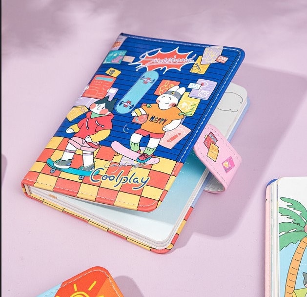 Coolplay A6 Magnetic Leather Journal in Blue with Cute Skateboarding Characters Design - Kawaii Stationery