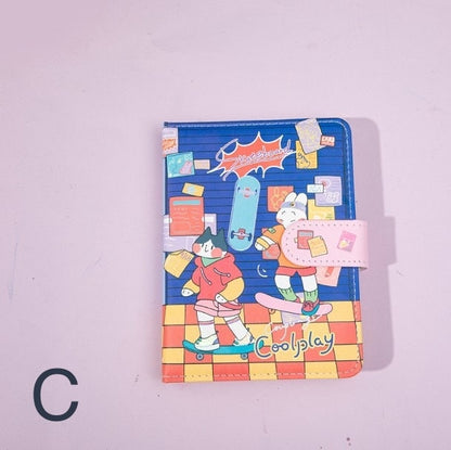 Coolplay A6 magnetic leather journal in blue with cute cartoon characters on skateboards, colorful cover design, kawaii stationery.