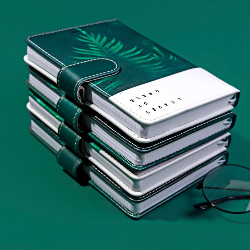 Tropical Leaf Journal with Magnetic Buckle, Green Leather Cover, Stacked Notebooks with Palm Leaves Design