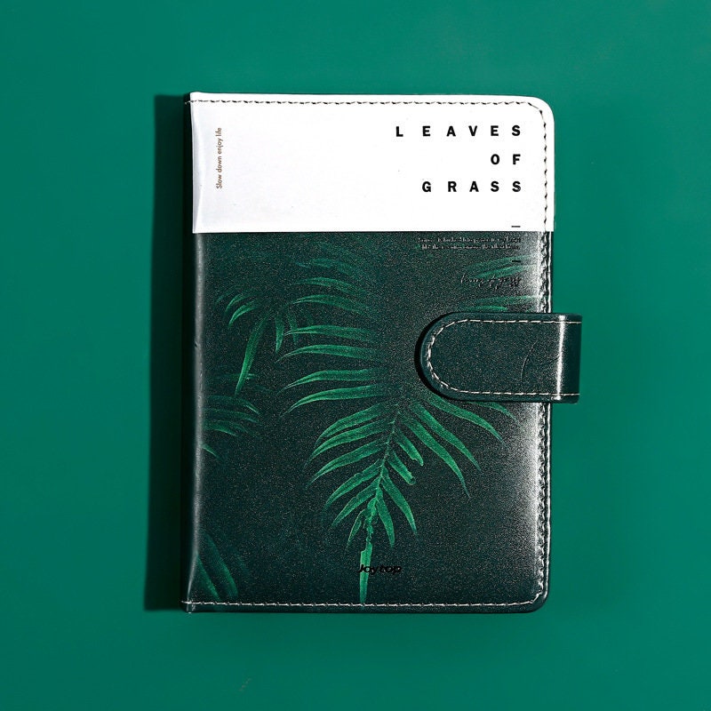 Tropical Leaf Journal with Magnetic Buckle, Green Leather Cover, Kawaii Stationary, Elegant Notebook with Leaves Design