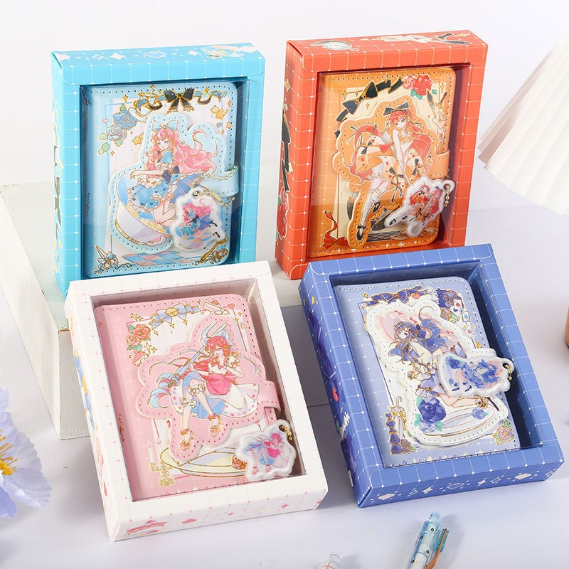 Kawaii A6 Shining Girl Leather Journal with Bookmark in blue, orange, pink, and purple boxed sets.