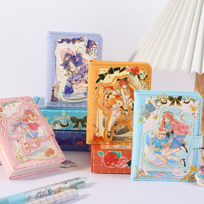 Kawaii A6 Shining Girl Leather Journal with Bookmark featuring colorful anime-style illustrations, set of five assorted designs.