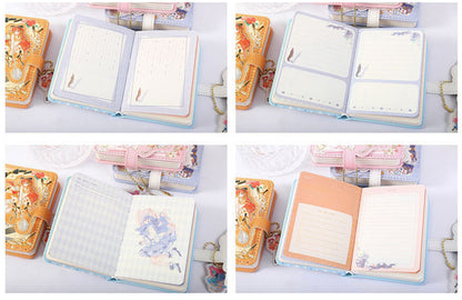 Kawaii A6 Shining Girl Leather Journal with Bookmark showing various interior pages with cute illustrations and lined sections for writing.