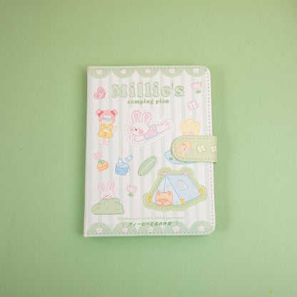 Millie's Leather Camping Journal with colorful pages featuring adorable kawaii camping-themed designs on the cover, including bunnies, trees, and tents.