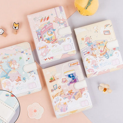 Sweet Dream Leather Journal for Girls with Magnetic Buckle featuring kawaii designs and pastel colors, surrounded by cute stationery items.