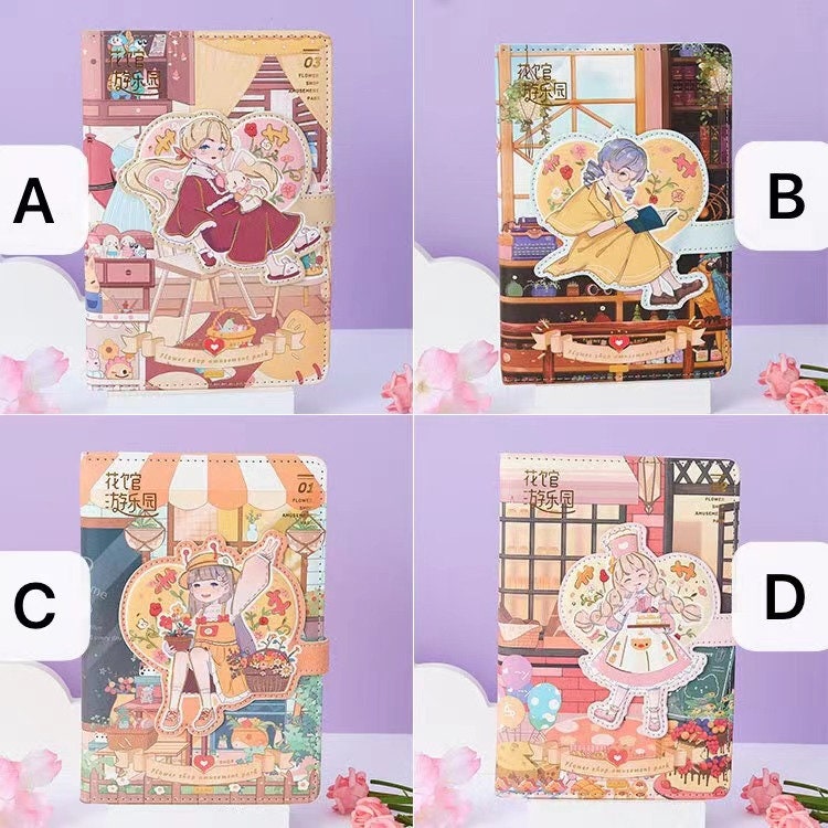 Magnetic Buckle Flower House Leather Journal in Kawaii Style with Illustrated Covers Featuring Adorable Characters and Cozy Backgrounds – Variations A, B, C, and D.