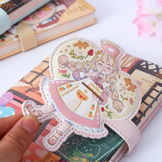 Kawaii Magnetic Buckle Flower House Leather Journal with Cute Girl Illustration and Floral Design