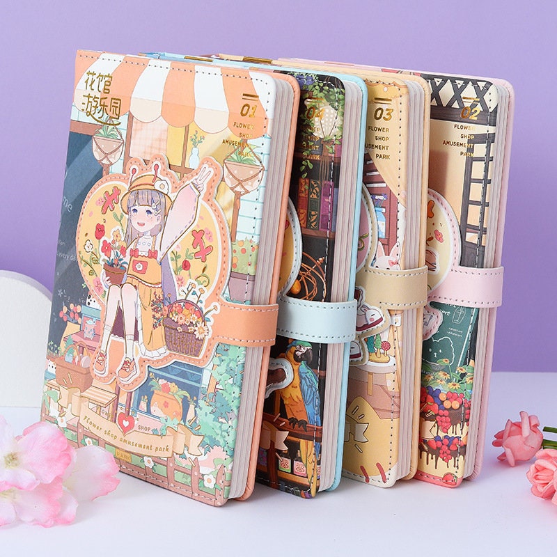 Magnetic Buckle Flower House Leather Journal with Kawaii Illustrations - Cute and Colorful Stationery Notebook