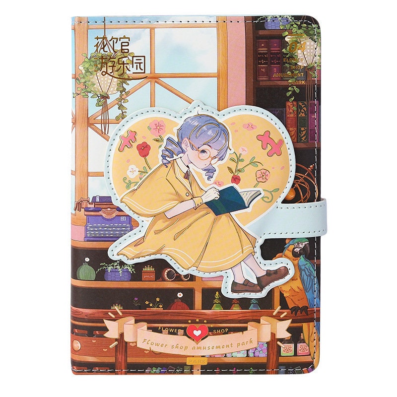 Magnetic Buckle Flower House Leather Journal with kawaii design, featuring a girl reading a book, colorful flowers, and a floral shop background.