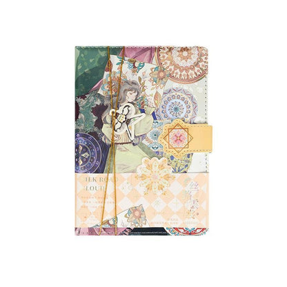 Silk Cloud Leather Journal with Bookmark and Magnetic Buckle featuring vibrant, intricate artwork and a decorative pattern.