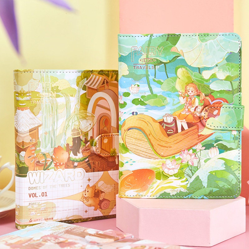 Fairy Travels Leather Journal with Magnetic Buckle featuring whimsical illustrations of a fairy riding a boat and magical forest scenes, perfect for kawaii stationary enthusiasts.