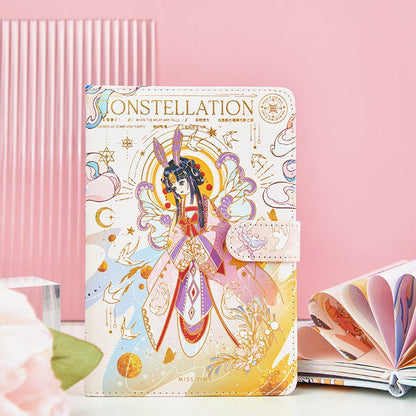 Star Beauty Leather Journal with Bookmark featuring an elegant illustrated cover with celestial and constellation themes in pastel colors.