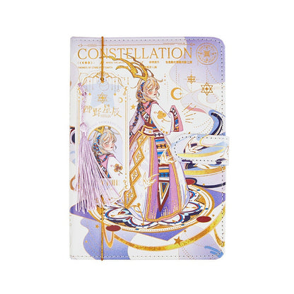 Star Beauty Leather Journal with Bookmark featuring a colorful constellation-themed cover adorned with a whimsical character in a purple and gold celestial robe.