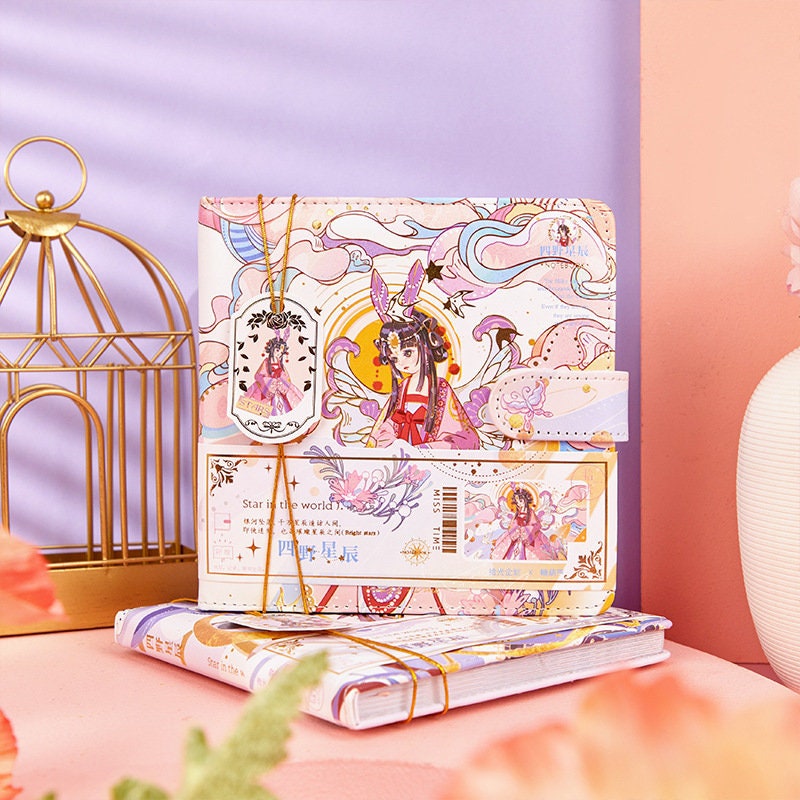 Star Beauty Leather Journal with Metal Bookmark featuring intricate kawaii-style artwork, pastel colors, and a charming character design, perfect for writing and organizing your thoughts.