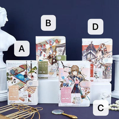 Magnetic Buckle Anime Journal with 3D Pages and Leather Cover in Four Different Designs: A, B, C, and D. Kawaii Style Stationery with Cute Anime Illustrations and Magnetic Buckles.