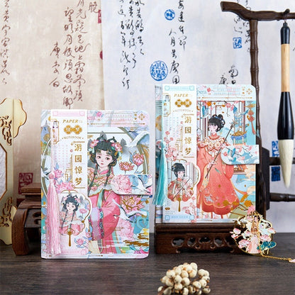 Dream Garden Hard Cover Journal with Tassel Bookmark featuring intricate floral and character designs, perfect for kawaii stationery enthusiasts