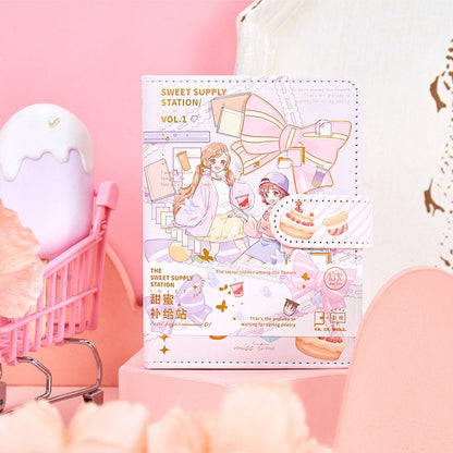 Colorful Page Leather Journal with Magnetic Buckle in A5 size featuring kawaii design with pastel colors and illustrations of cute characters, perfect for note-taking and sketching.