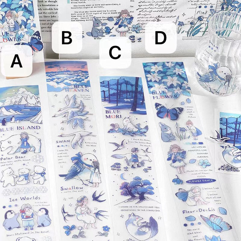 Blue flower stickers for journals, planners, and crafts featuring kawaii illustrations of polar bears, swans, girls, and whimsical blue-themed scenes.