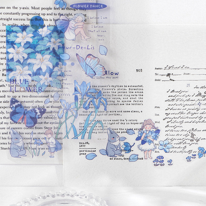 Blue Flower Stickers for Journals, Planners, and Crafts featuring delicate floral designs, butterflies, and whimsical characters on a transparent background.