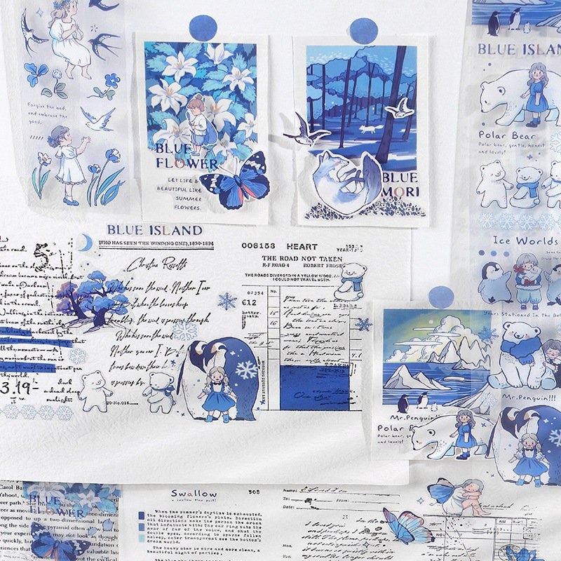 Blue flower stickers assortment for journals, planners, and crafts featuring floral designs, cute animal characters, and scenic illustrations with a blue and white color scheme.