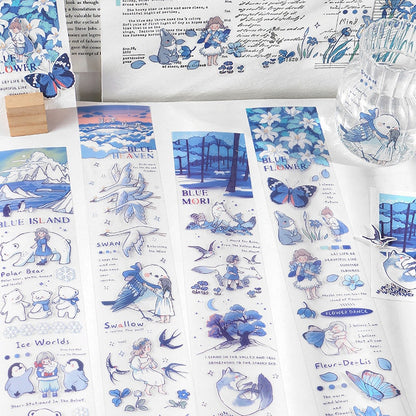 Blue flower stickers set for journals, planners, and crafts featuring whimsical illustrations of nature, animals, and floral designs in shades of blue.