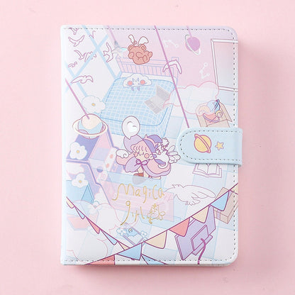 Kawaii anime leather planner with magic girl design, pastel colors, and whimsical illustrations on a pink background.