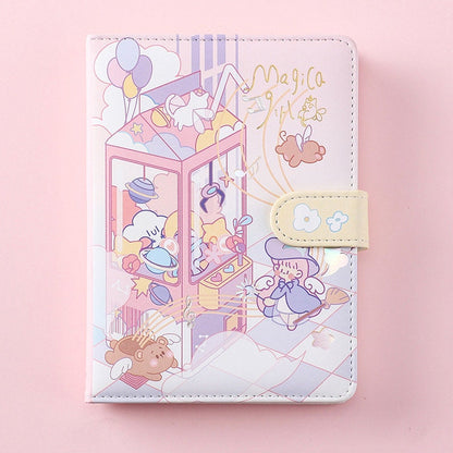 Kawaii Anime Leather Planner with Magic Girl Design, featuring pastel colors and cute anime characters on a pink background.