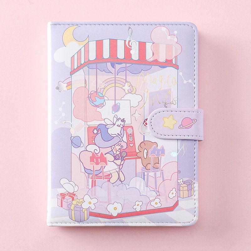 Kawaii anime leather planner with magic girl design, featuring pastel colors, cute cosmic elements, and whimsical illustrations.