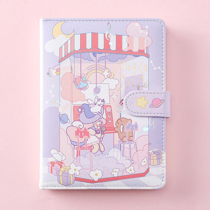 Kawaii anime leather planner with magic girl design, featuring pastel colors, cute cosmic elements, and whimsical illustrations.