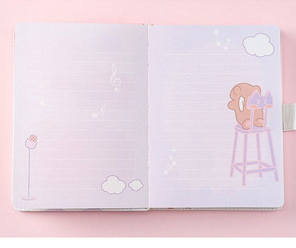 Kawaii Anime Leather Planner - Magic Girl Design features an open spread with cute light purple lined pages, soft pastel musical notes, clouds, a microphone, and an adorable bear sitting on a stool.