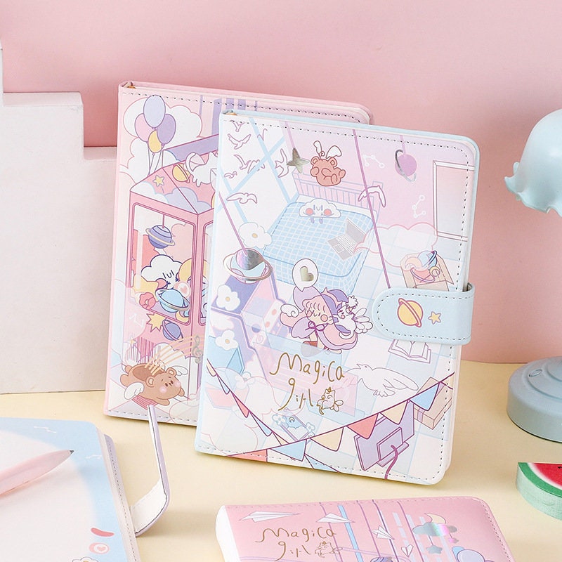 Kawaii anime leather planner with Magic Girl design, featuring pastel colors and cute illustrations of magical girl themes.