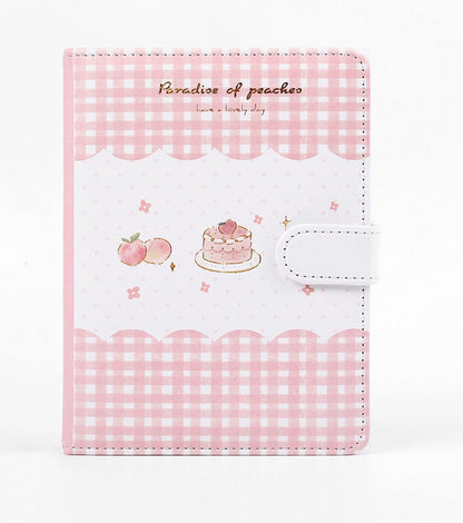 Pink A5 magnetic peach leather planner with 228 pages featuring a kawaii peach and cake design with pink gingham pattern.