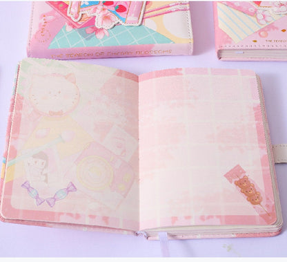 Pink Dessert Leather Journal with Magnetic Buckle, kawaii stationery featuring pastel dessert-themed cover, interior pages with cute designs including bear and candy illustrations, perfect for note-taking or journaling.