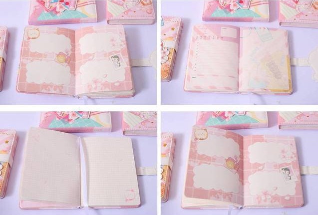 Pink Dessert Leather Journal with Magnetic Buckle - interior pages showcasing decorative kawaii dessert-themed designs, including illustrations and decorative writing spaces, perfect for notes and journaling.