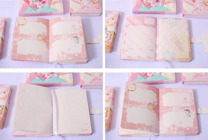 Pink Dessert Leather Journal with Magnetic Buckle - interior pages showcasing decorative kawaii dessert-themed designs, including illustrations and decorative writing spaces, perfect for notes and journaling.