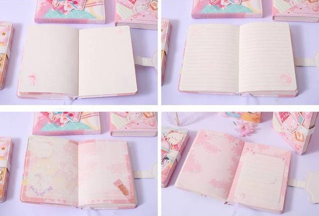 Pink Dessert Leather Journal with Magnetic Buckle open to various pages showing cute kawaii designs, blank pages, lined pages, and themed illustrations.