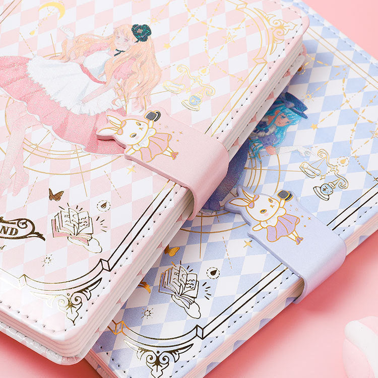 Alice Dream Journal with Gold Foil Leather Cover featuring whimsical illustrations and bunny clasp in pink and lavender, perfect for kawaii stationery lovers.