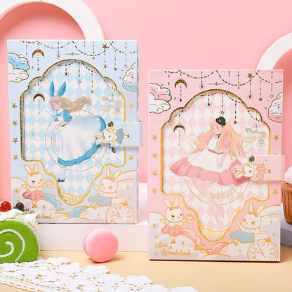 Alice Dream Journal - Gold Foil Leather Cover featuring pastel blue and pink designs, both adorned with whimsical Alice in Wonderland illustrations, gold foil accents, and cute bunny charms, perfect for kawaii stationary collectors.