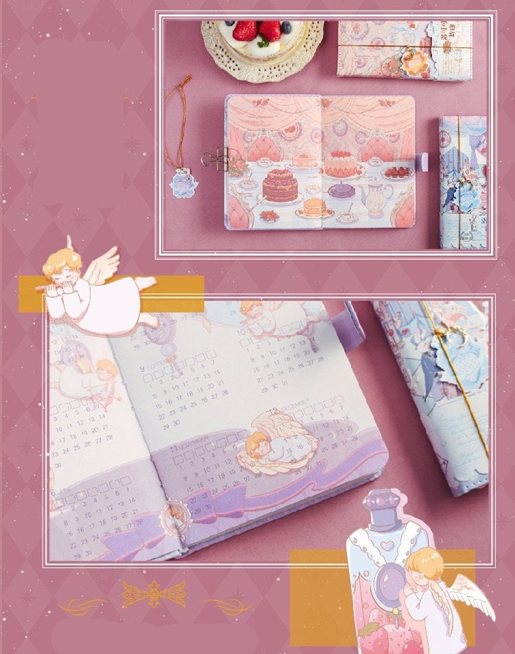 Rococo Waltz Leather Journal with Metal Bookmark featuring whimsical illustrations, dessert-themed interior pages, and a cute angel charm, perfect for kawaii stationery enthusiasts.