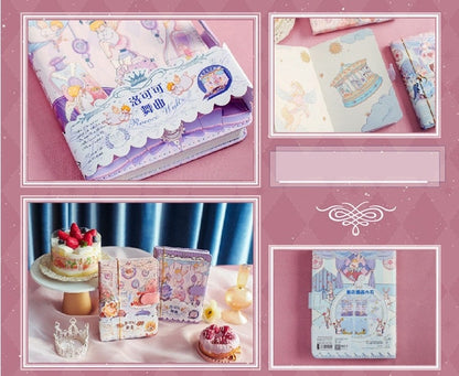 Rococo Waltz Leather Journal with Metal Bookmark featuring pastel-colored whimsical carousel design, open pages with carousel illustration, and displayed alongside decorative sweets and perfumes.