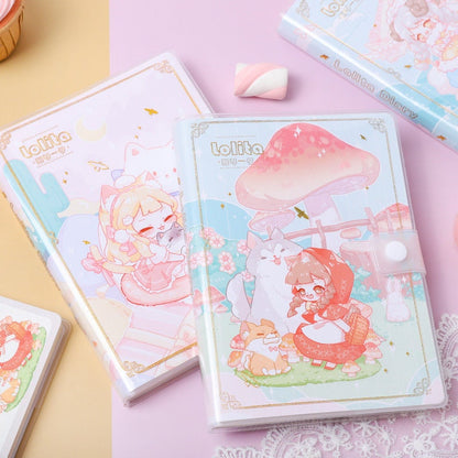 Lolita PVC Buckle Notebook - 224 Pages A5 Journal with kawaii anime-inspired cover designs featuring cute characters, pastel colors, and whimsical illustrations.