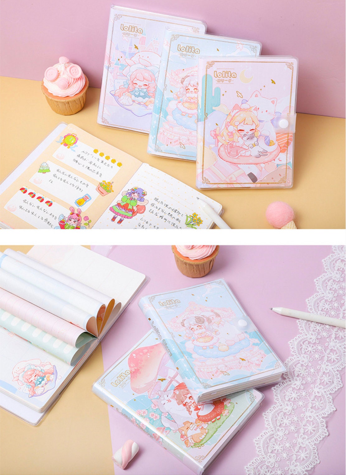 Lolita PVC Buckle Notebook - 224 Pages A5 Journal with cute pastel-colored illustrations on cover, pink and blue designs, open pages showing colorful graphics, and a decorative white lace, surrounded by a pink pen, marshmallow, and pink cupcake.