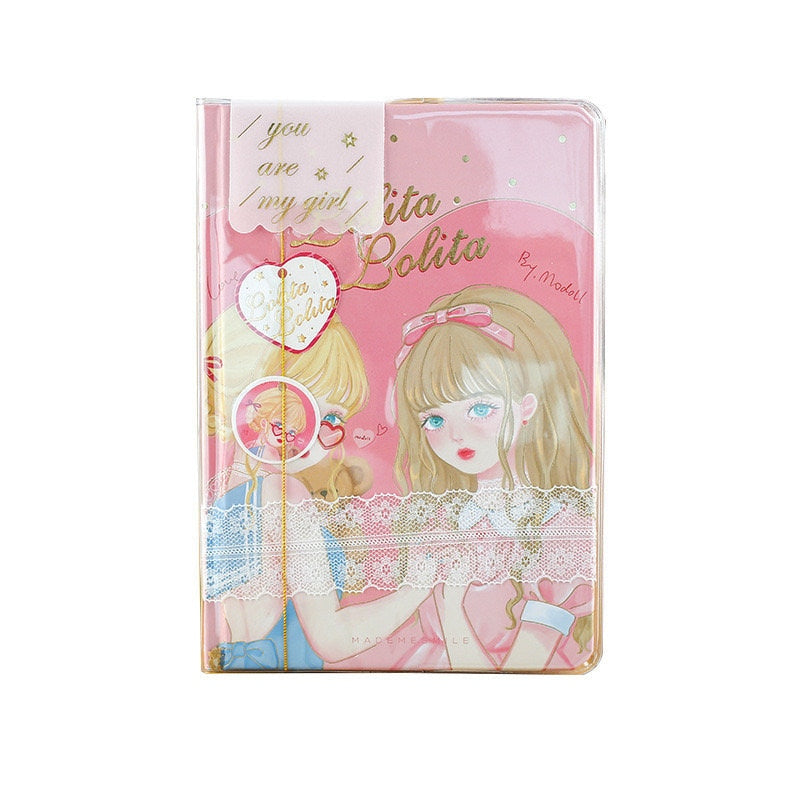 Fashion Macaron Girl Notebook with Bookmark and Buckle featuring kawaii illustrated cover in pastel pink, adorned with two cute girls, lace detailing, and gold accents.