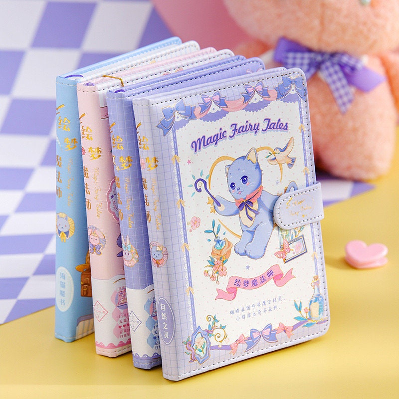 Magic Fairy Tales Journal in pink leather, A5 size, 196 pages, kawaii style cover with cat illustration and pastel colors